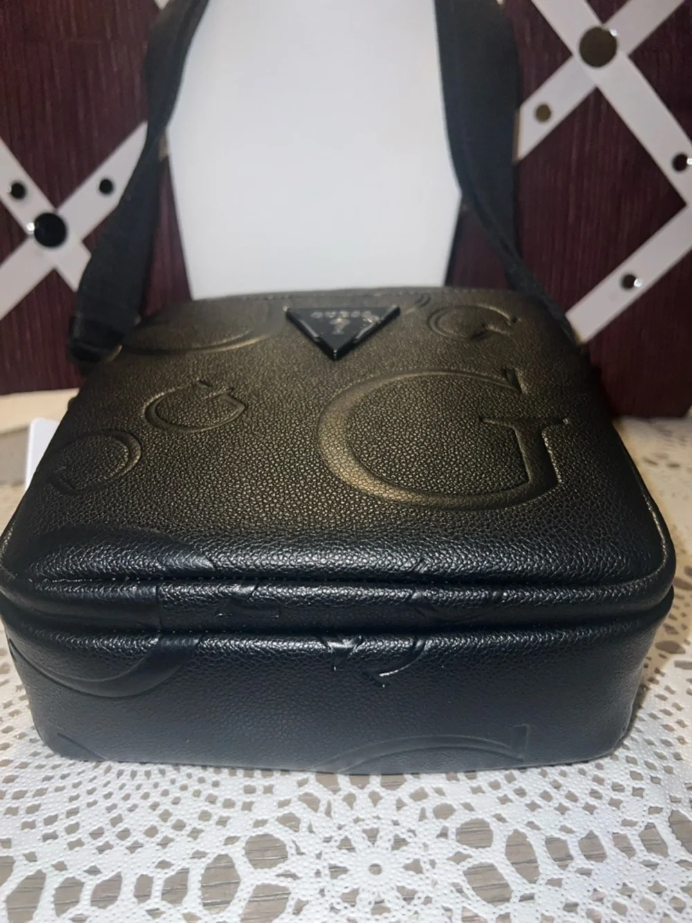 GUESS Black Embossed Logo Messenger Crossbody Bag